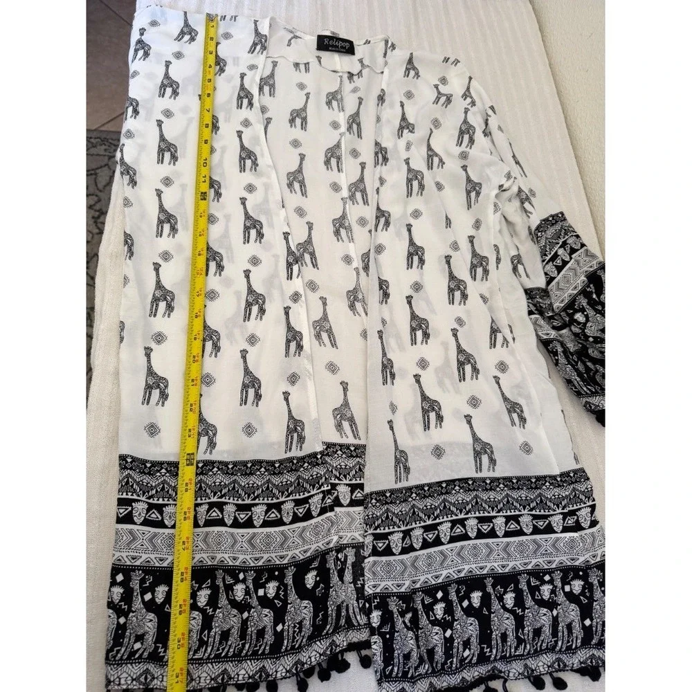Relipop Womens Kimono Cardigan White Black Giraffe Print Boho‎ Pom Pom Trim M
